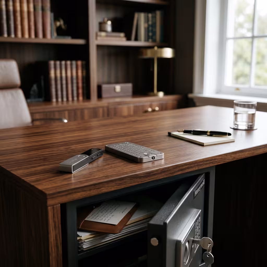 Fireproof safe, metal seed backup, and hardware wallet arranged in a premium private office setting