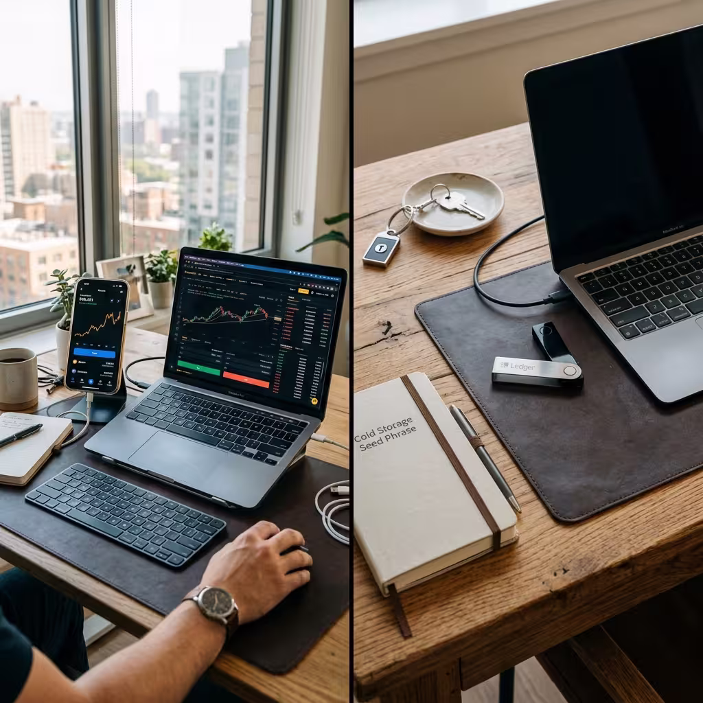 A split-screen image contrasting an always-online digital wallet setup with a more secure offline hardware wallet setup, illustrating hot vs cold crypto storage.