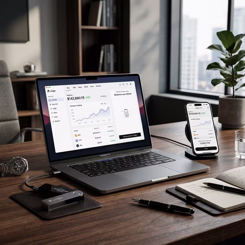 Professional home office workspace with a laptop and smartphone displaying a cryptocurrency portfolio dashboard, conveying secure digital asset management and modern fintech productivity.