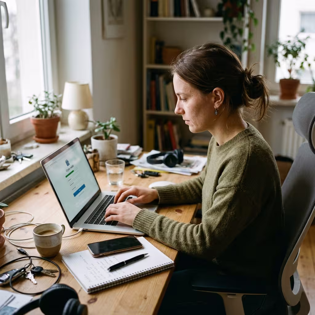 A woman works on a laptop in a cozy, sunlit home office, creating a natural and approachable scene for a beginner crypto wallet setup.