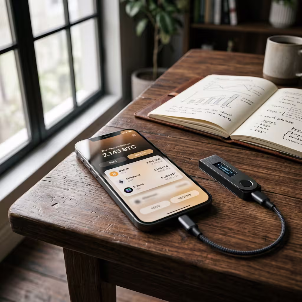A smartphone displaying a crypto portfolio sits beside a hardware wallet on a wooden desk, highlighting secure digital asset management in a modern setup. Beside a notebook open up with the topic of what is a crypto wallet.