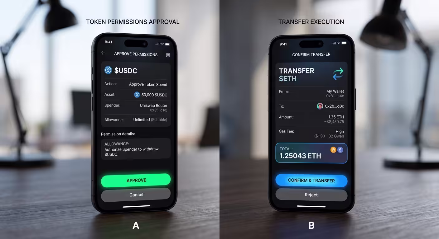 What is a smart contract illustrated through two side-by-side smartphone screens showing token approval permissions and transfer execution in a crypto transaction workflow.