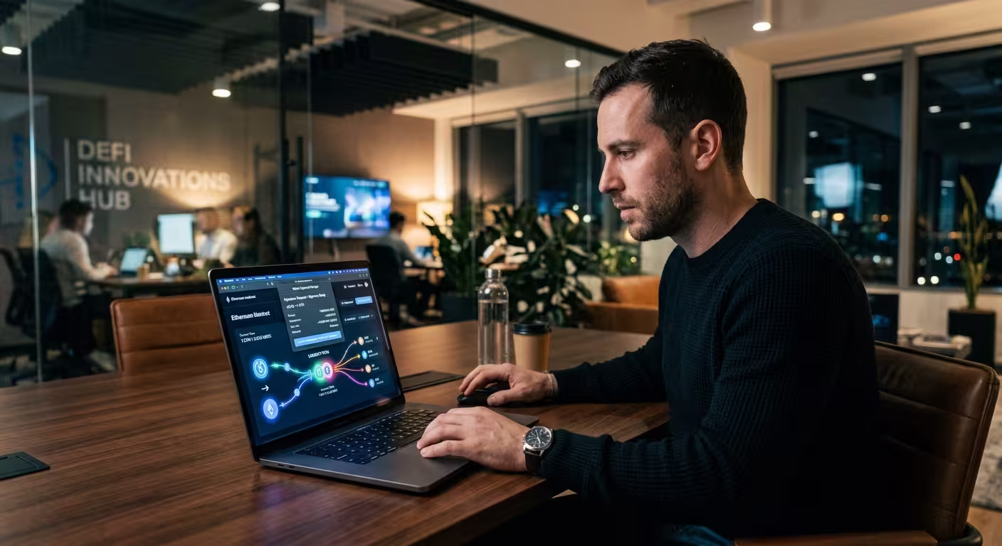 A professional photo of a focused man working late on a laptop displaying a DeFi interface in a modern office, conveying blockchain innovation and fintech productivity.