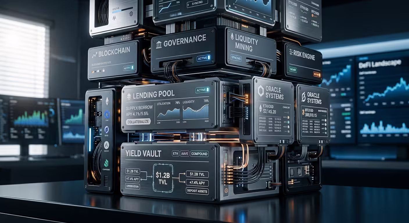 A 3D illustration of a modular DeFi ecosystem with stacked components labeled lending pool, yield vault, and oracle systems, representing interconnected smart contract infrastructure.